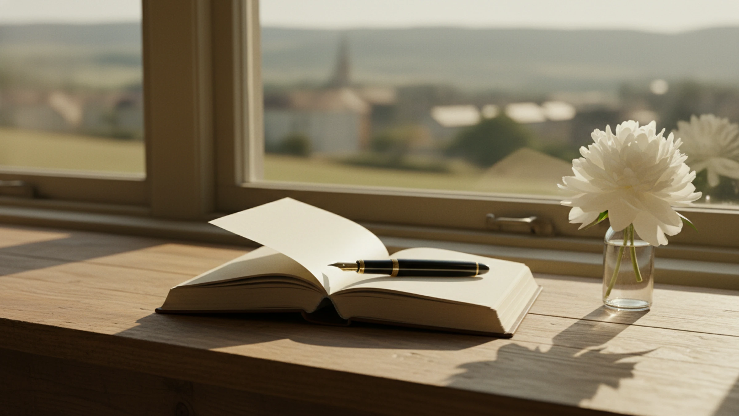 A wooden writing desk by a window in late afternoon light, with a leather journal open to blank pages, a fountain pen, and a single white peony in a glass jar.
