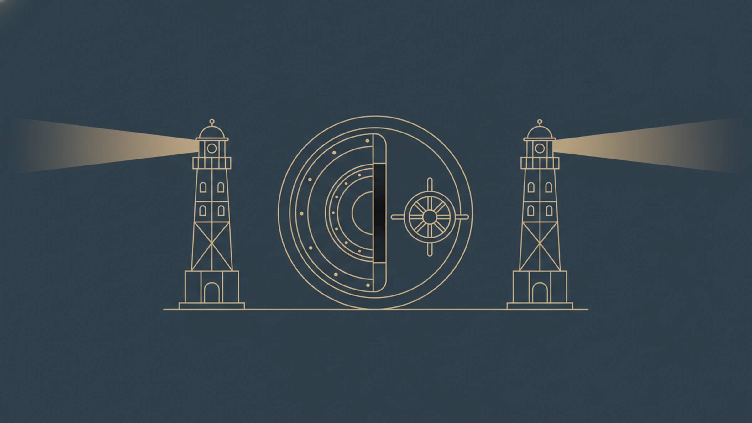 A minimalist illustration: a slightly ajar vault door flanked by two stylized lighthouses, drawn in muted gold linework on a deep slate-blue background.
