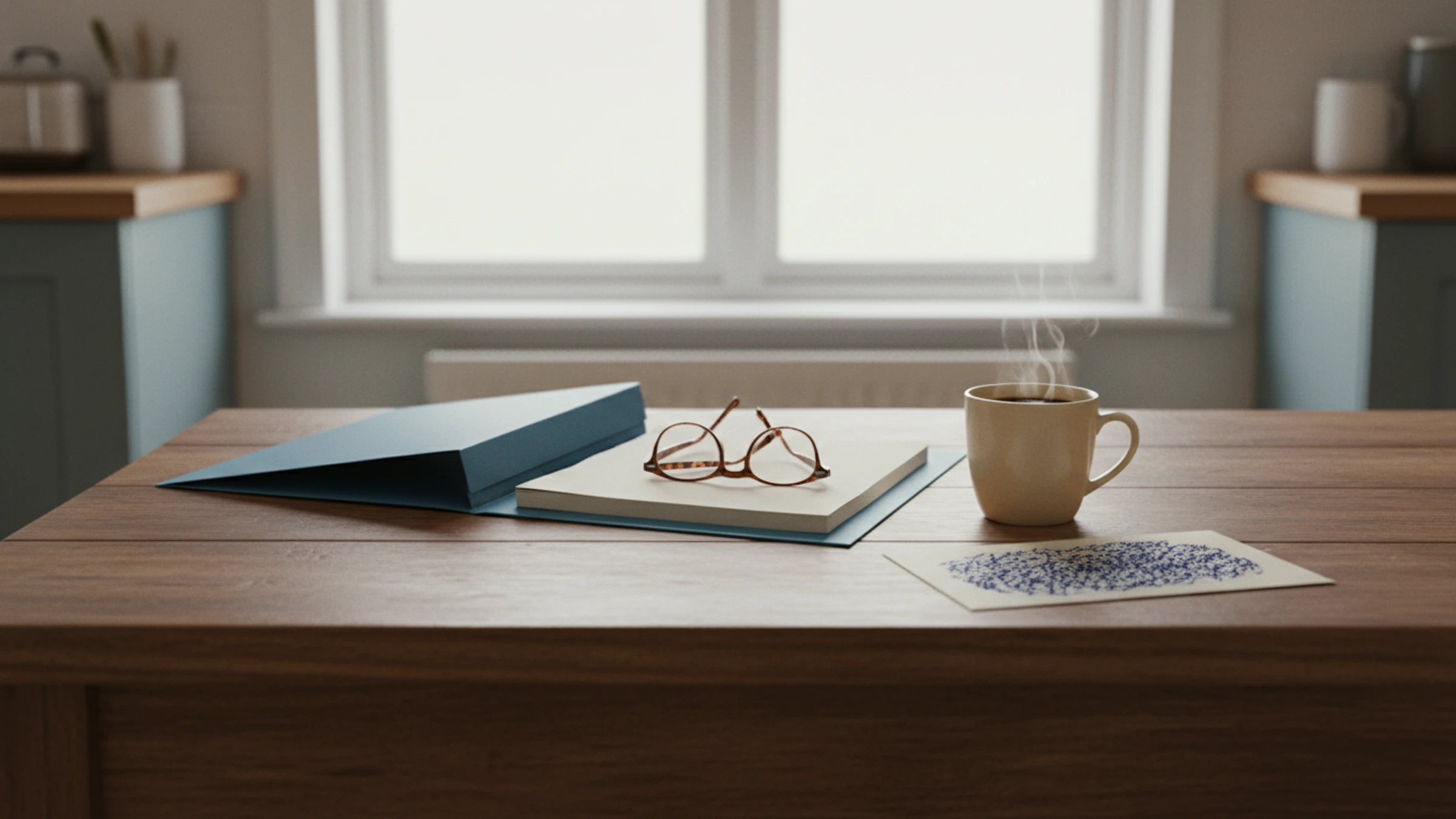 A kitchen table at morning with a steaming cup of coffee, a folder of papers, reading glasses, and a sealed handwritten envelope.