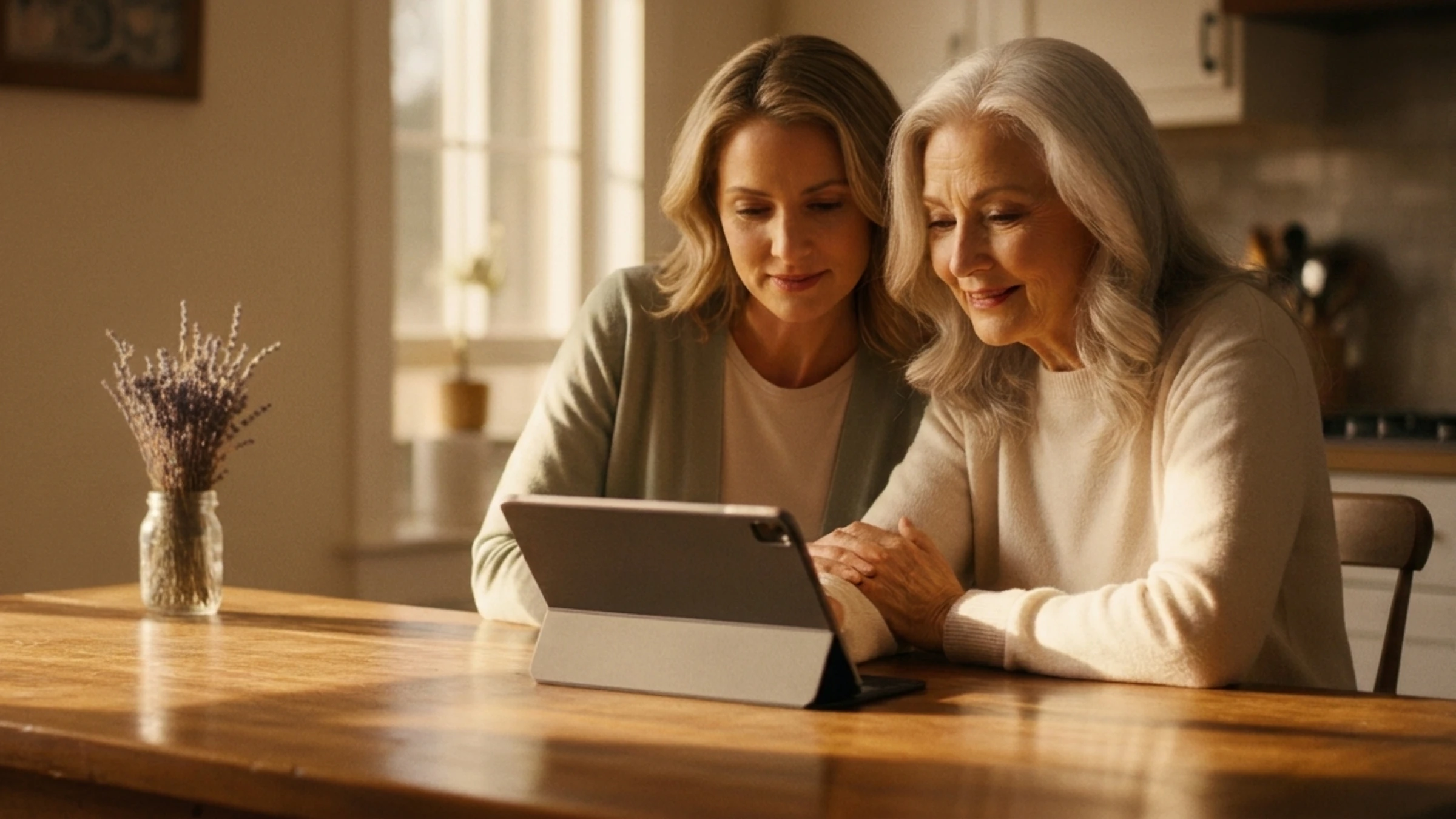A grandmother and her adult daughter sit together at a sunlit kitchen table, sharing a tablet between them.