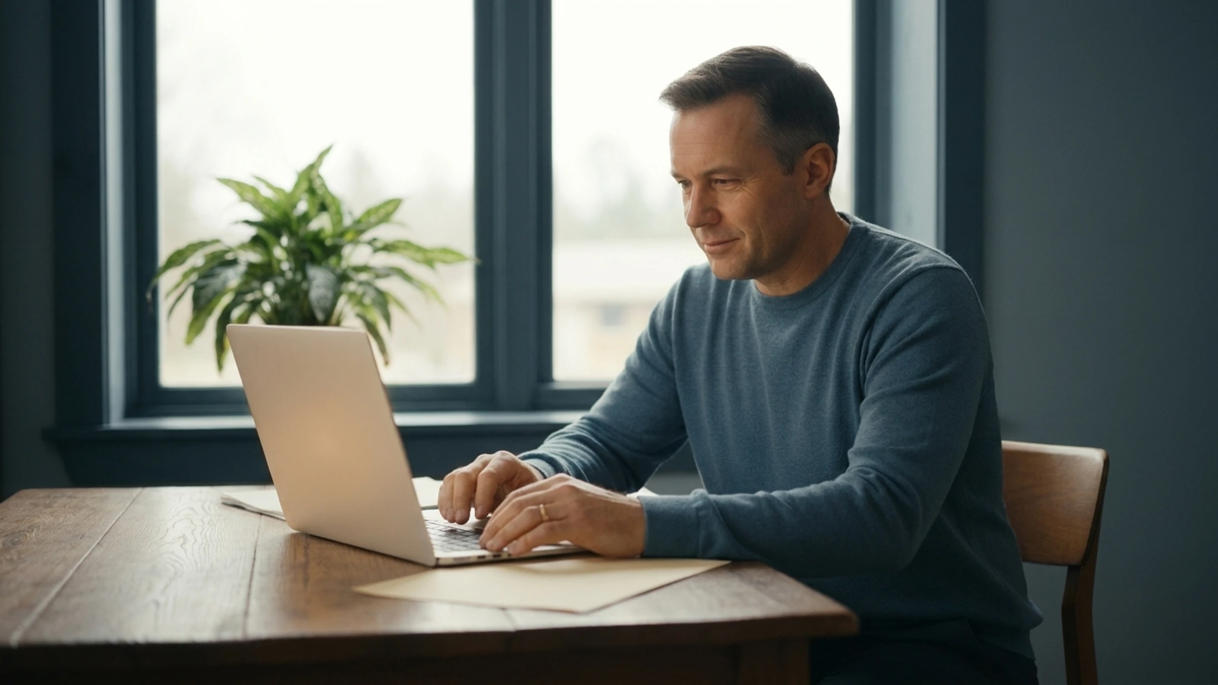 An adult man at a wooden home-office desk with an open laptop and soft morning light, expression thoughtful and finding clarity.