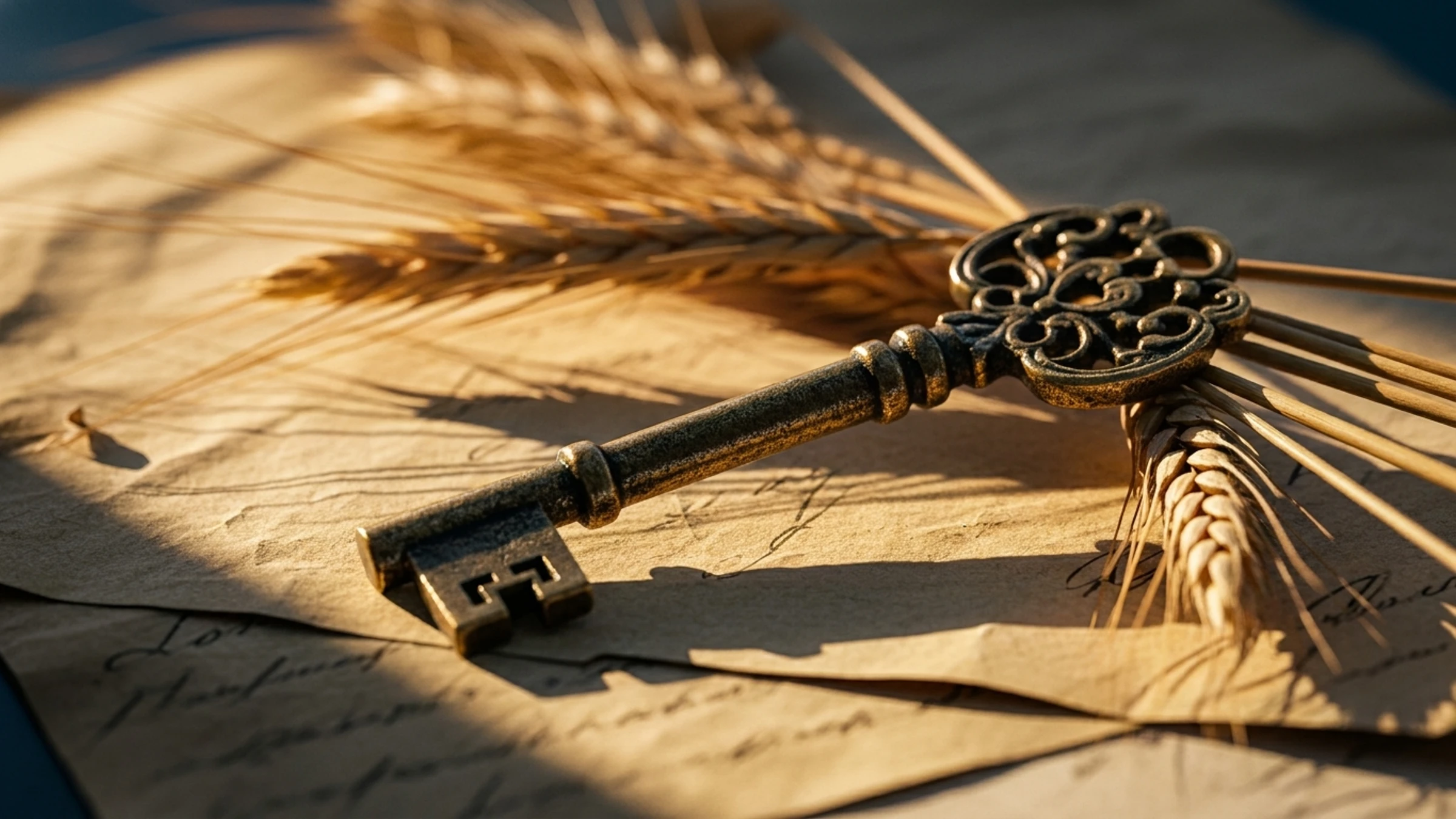 A close-up of an antique brass key resting on dried wheat stalks and aged paper, lit in warm golden hour light.