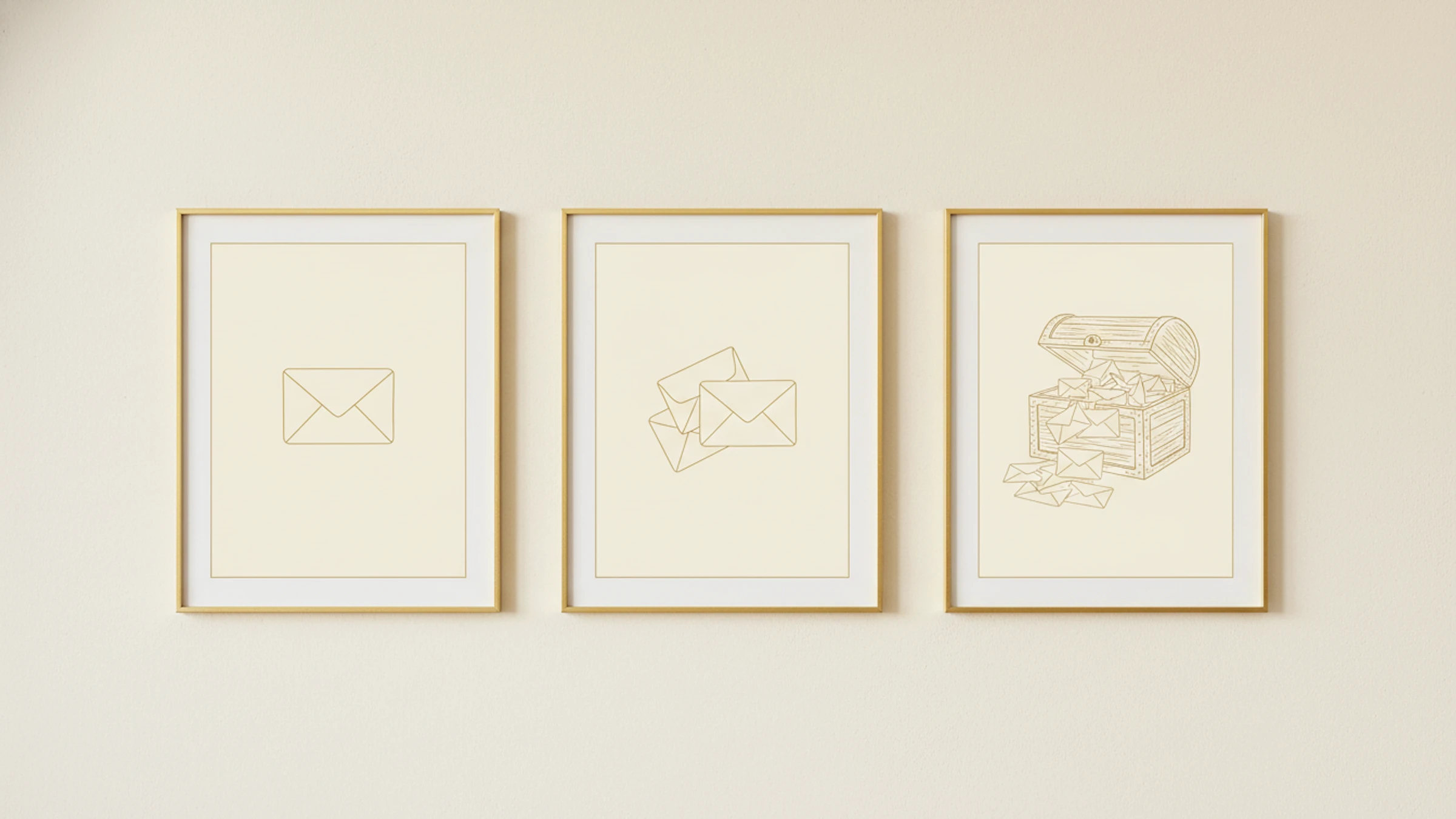 Three minimalist gold-line illustrations on warm cream backgrounds: a single envelope, a stack of three envelopes, and an open chest with envelopes spilling out.